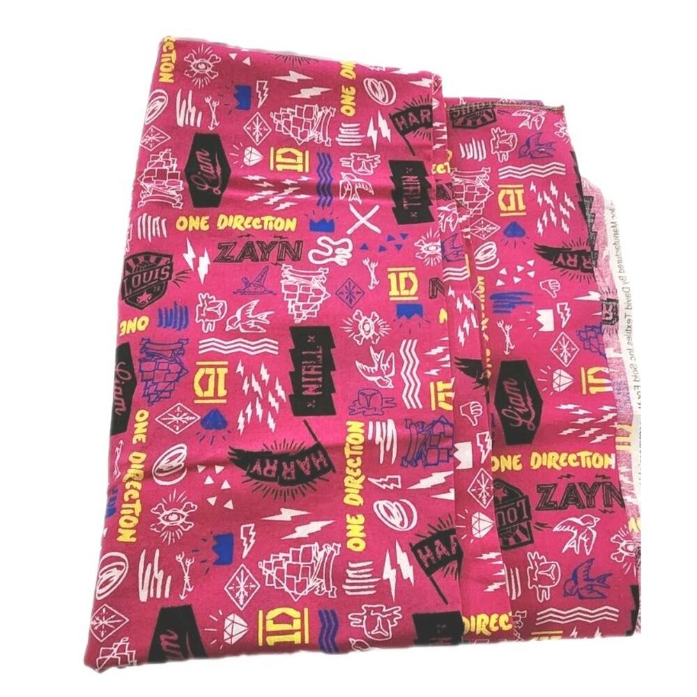 Fabric One Direction print Pink Fushia Black, yellow blue, 2.97 X 1.17 Yards